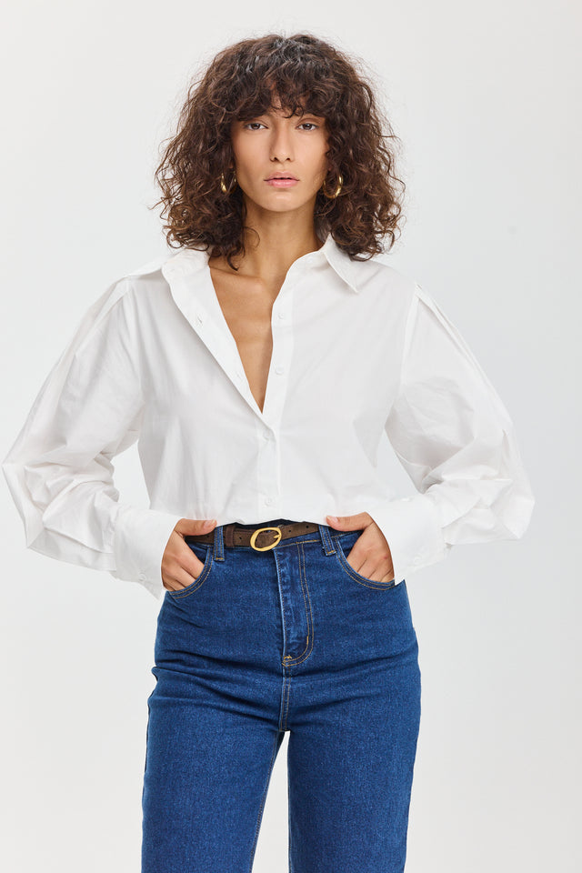 חולצה מכופתרת אלמונד כותנה ארוכה לבנה