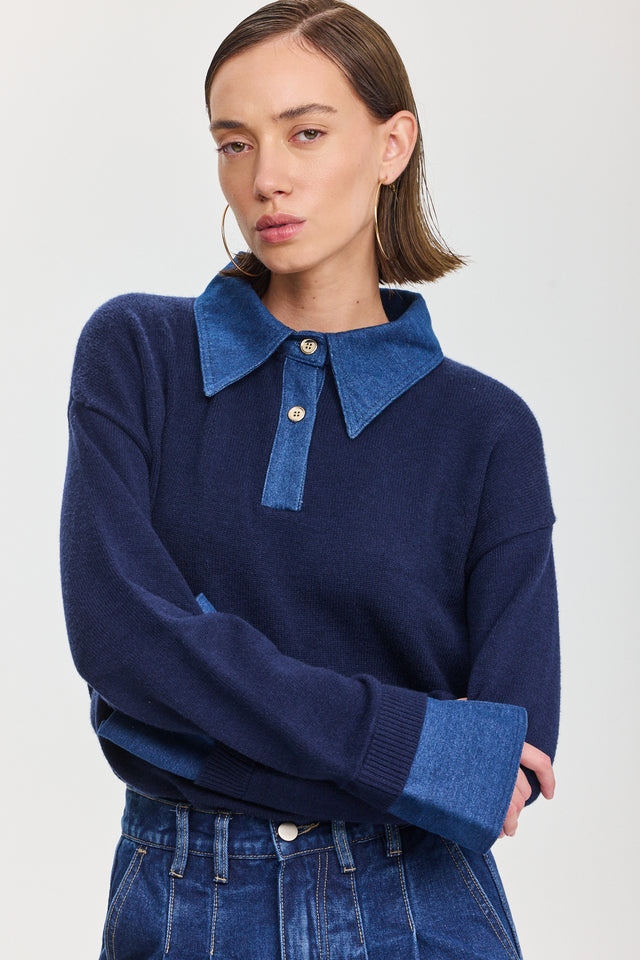 סריג פולו מאפין צווארון ג'ינס נייבי