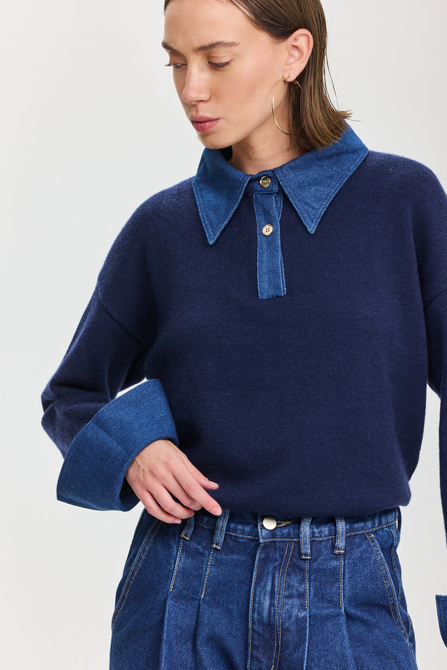 סריג פולו מאפין צווארון ג'ינס נייבי