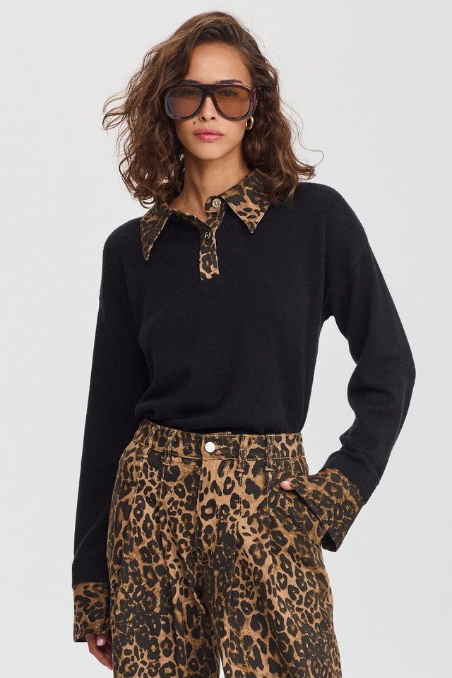 סריג פולו מאפין צווארון ג'ינס שחור מנומר