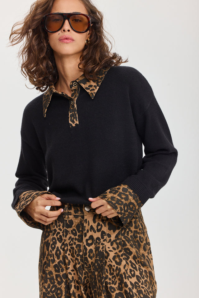 סריג פולו מאפין צווארון ג'ינס שחור מנומר