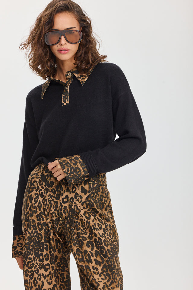 סריג פולו מאפין צווארון ג'ינס שחור מנומר