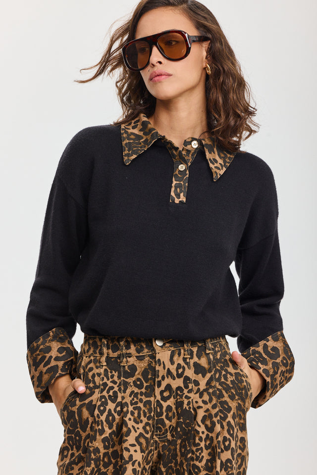 סריג פולו מאפין צווארון ג'ינס שחור מנומר