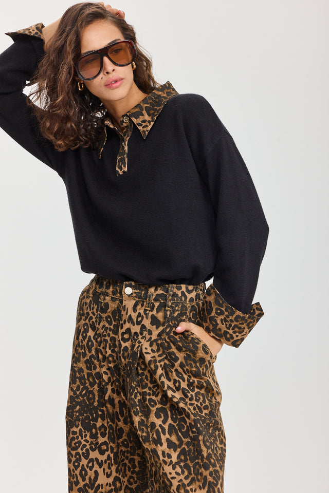 סריג פולו מאפין צווארון ג'ינס שחור מנומר