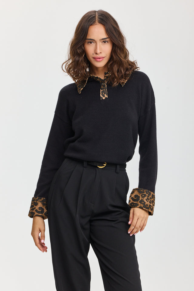 סריג פולו מאפין צווארון ג'ינס שחור מנומר