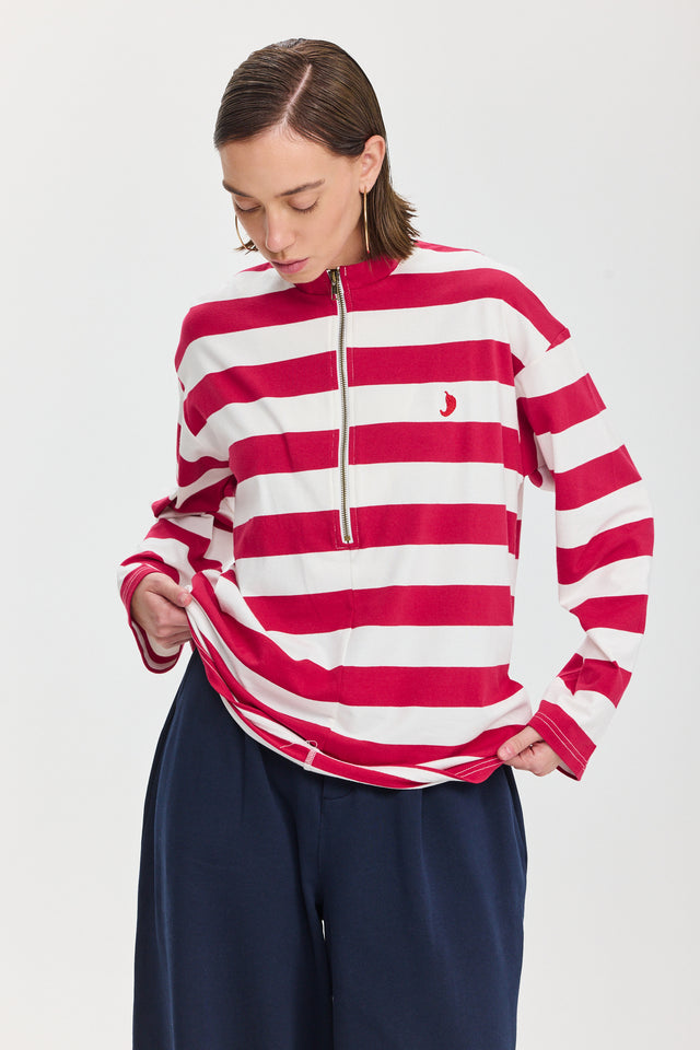 חולצת זיפר פסים שרוול ארוך אדום לבן