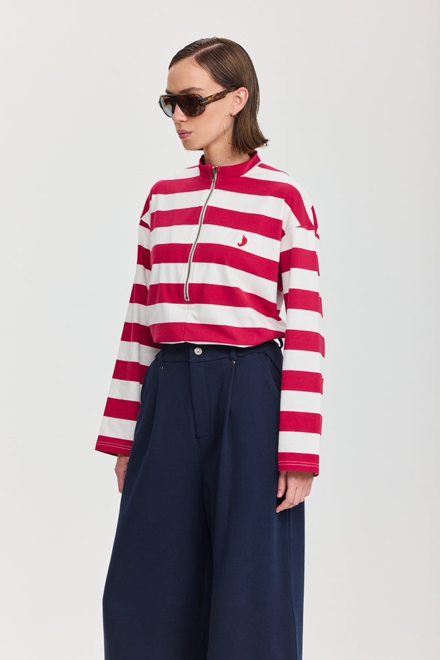 חולצת זיפר פסים שרוול ארוך אדום לבן