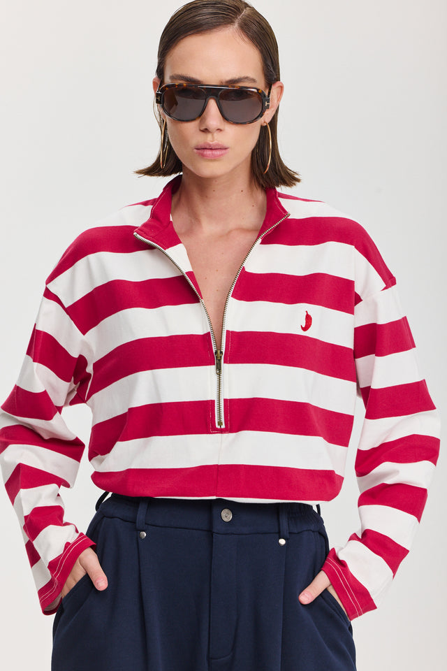 חולצת זיפר פסים שרוול ארוך אדום לבן