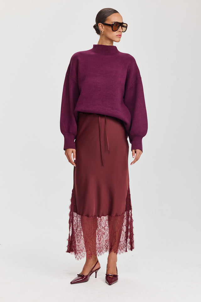 חצאית סאטן גאנאש תחרה בורגנדי