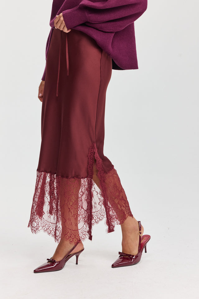 חצאית סאטן גאנאש תחרה בורגנדי