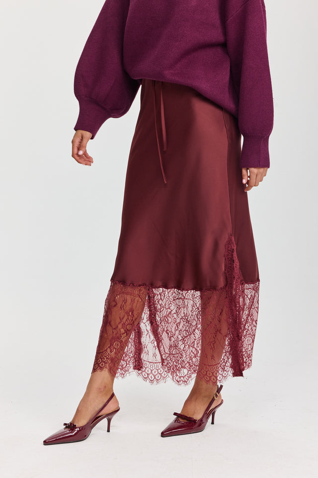 חצאית סאטן גאנאש תחרה בורגנדי