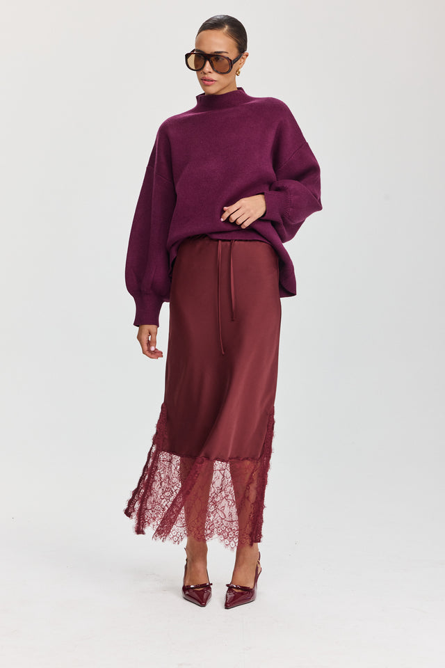 חצאית סאטן גאנאש תחרה בורגנדי