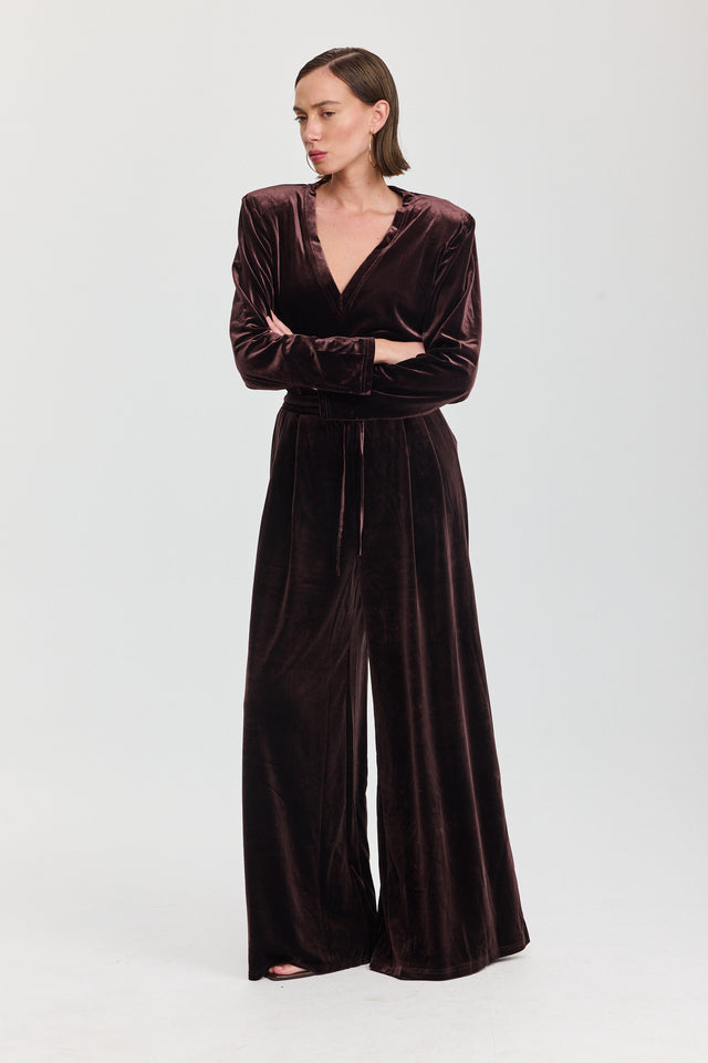 חולצת פנקייק קטיפה כריות נשלפות מפתח וי ארוכה חום שוקולד