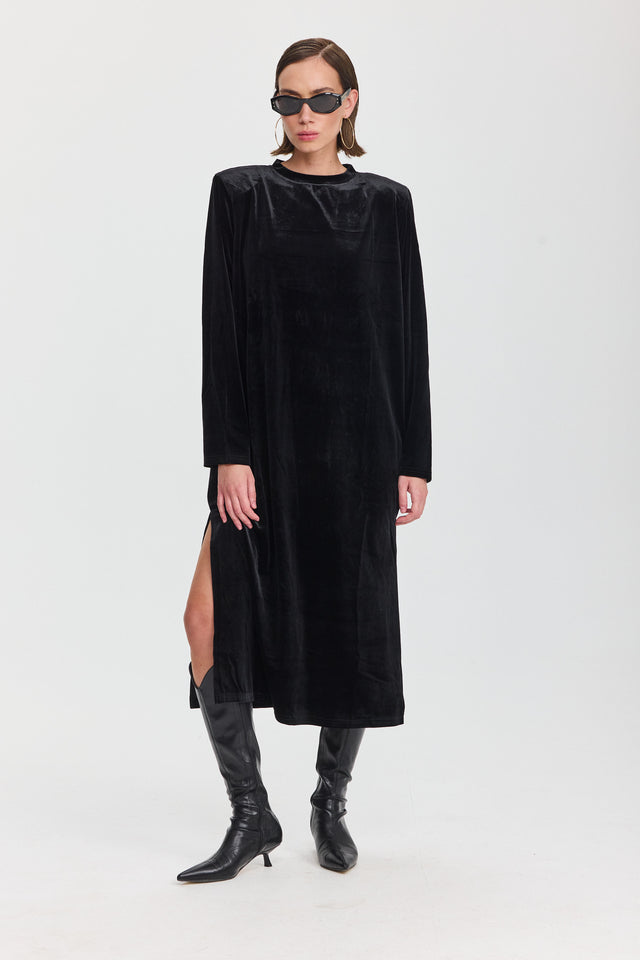 שמלת קטיפה מדמואזל מידי כריות כתפיים נשלפות שחורה