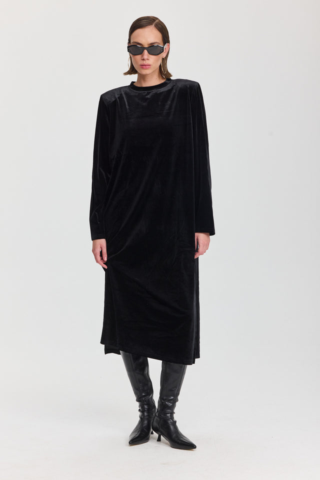 שמלת קטיפה מדמואזל מידי כריות כתפיים נשלפות שחורה