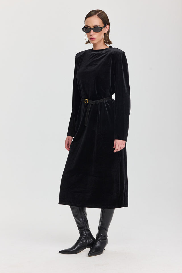 שמלת קטיפה מדמואזל מידי כריות כתפיים נשלפות שחורה