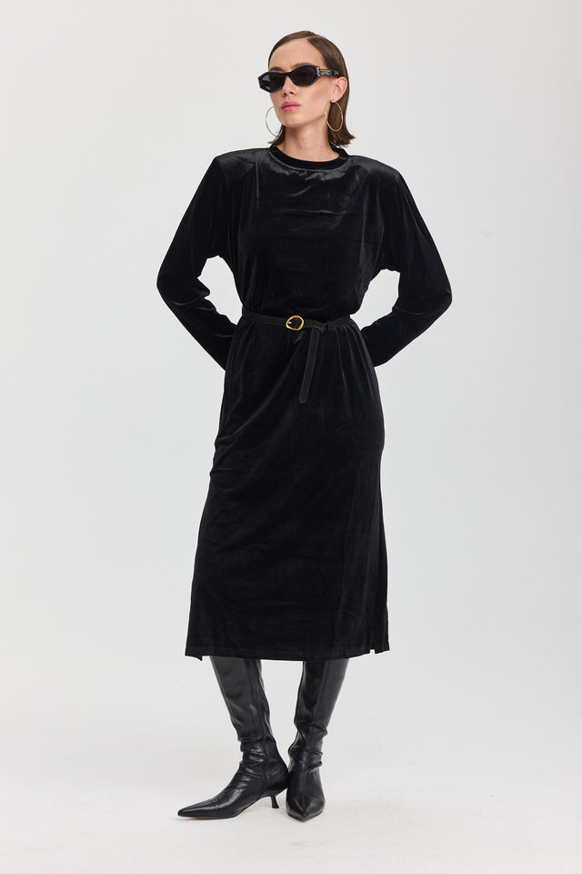 שמלת קטיפה מדמואזל מידי כריות כתפיים נשלפות שחורה