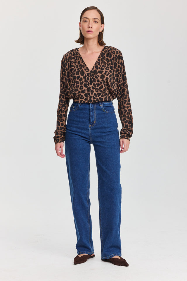 חולצת וי כיווצים ארוכה מנומר חום