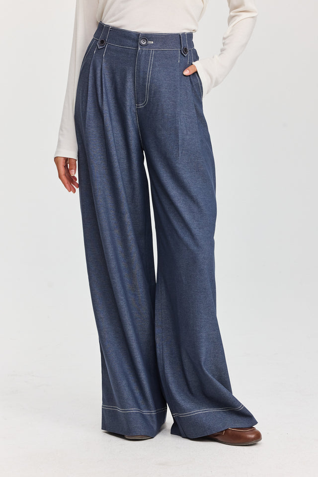 מכנסיים מחוייטים מילקשייק תיפורים קונטרסט כחול עמוק