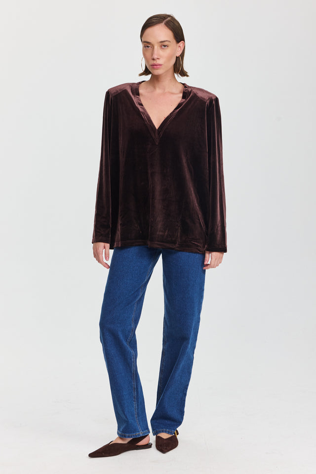 חולצת פנקייק קטיפה כריות נשלפות מפתח וי ארוכה חום שוקולד