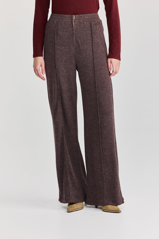 מכנסיים מחוייטים סריג וויסקי רוכסן גומי חום טראפל