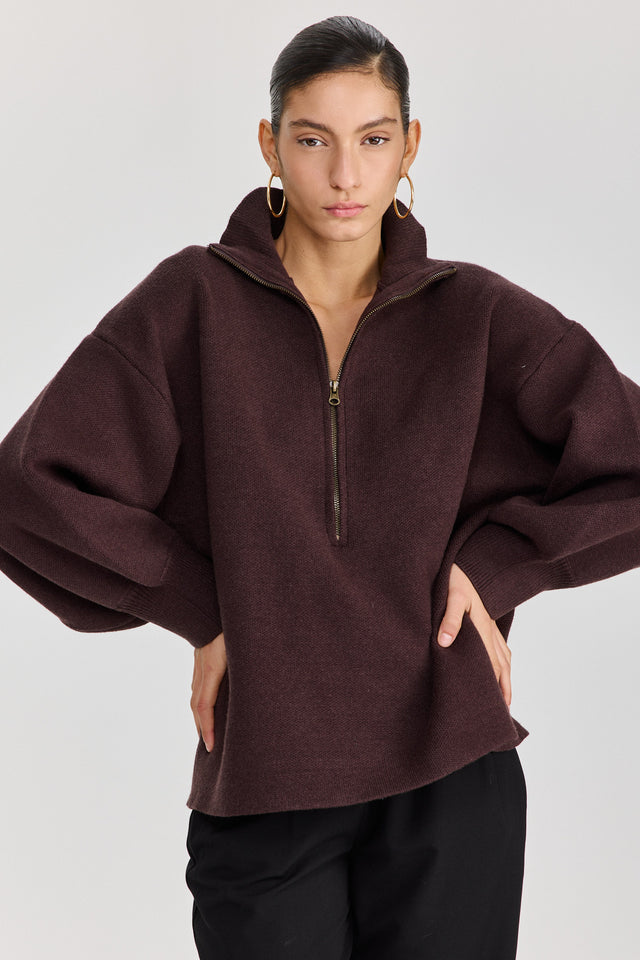 סוודר פרזנט זיפר חום שוקולד