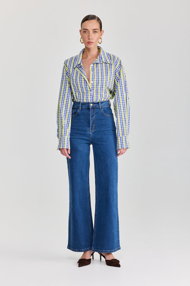 חולצה מכופתרת משבצות כותנה ארוכה