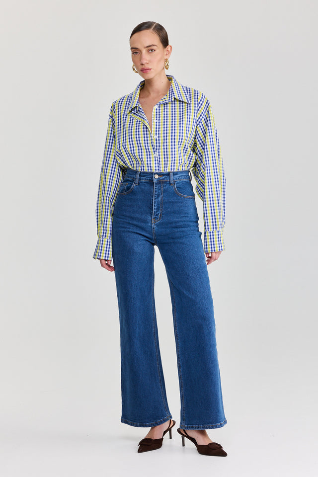 מכנסי ג'ינס גולדי מתרחבים גבוהים כחול אינדיגו