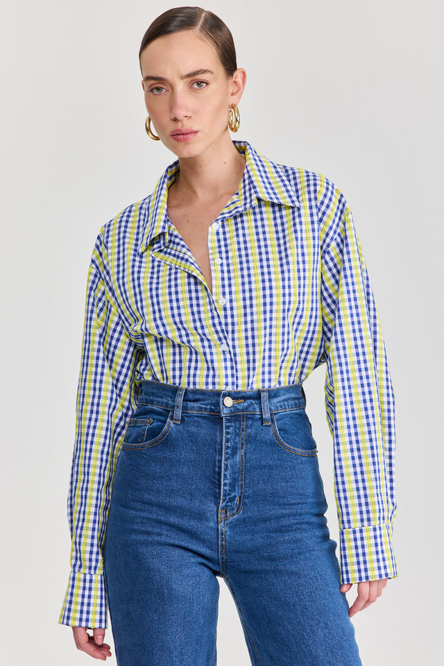 חולצה מכופתרת משבצות כותנה ארוכה