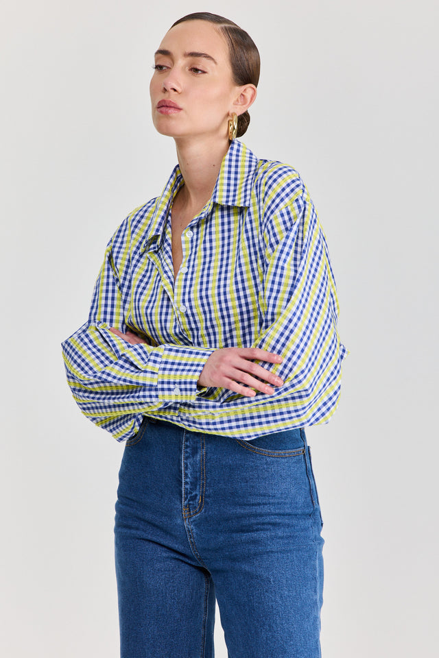 חולצה מכופתרת משבצות כותנה ארוכה