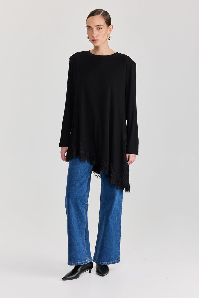 חולצת טוניקה פאמפקין אסימטרית תחרה שחורה