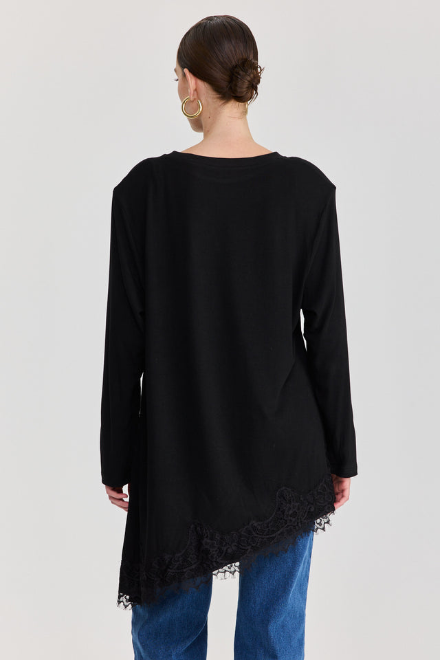 חולצת טוניקה פאמפקין אסימטרית תחרה שחורה