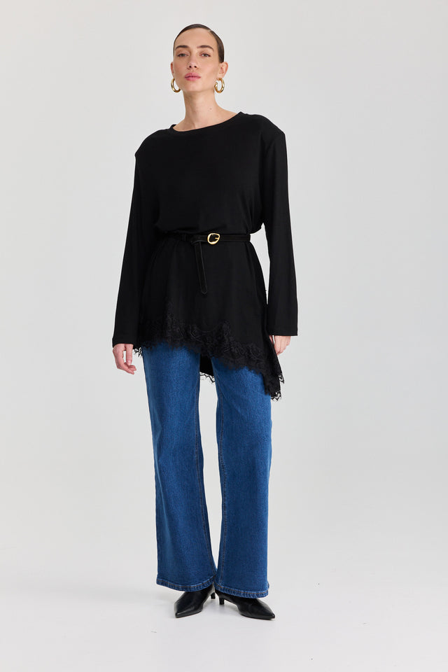 חולצת טוניקה פאמפקין אסימטרית תחרה שחורה