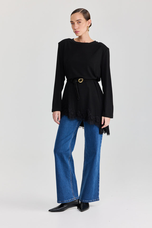 חולצת טוניקה פאמפקין אסימטרית תחרה שחורה