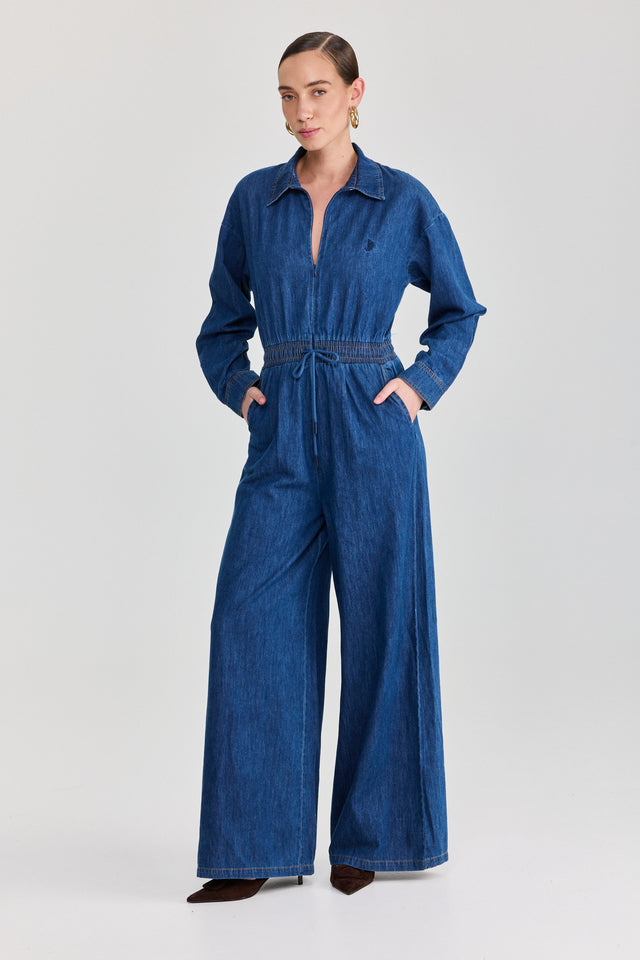 אוברול זיפר ג׳ינס וונט ספייסי ארוך כחול כהה