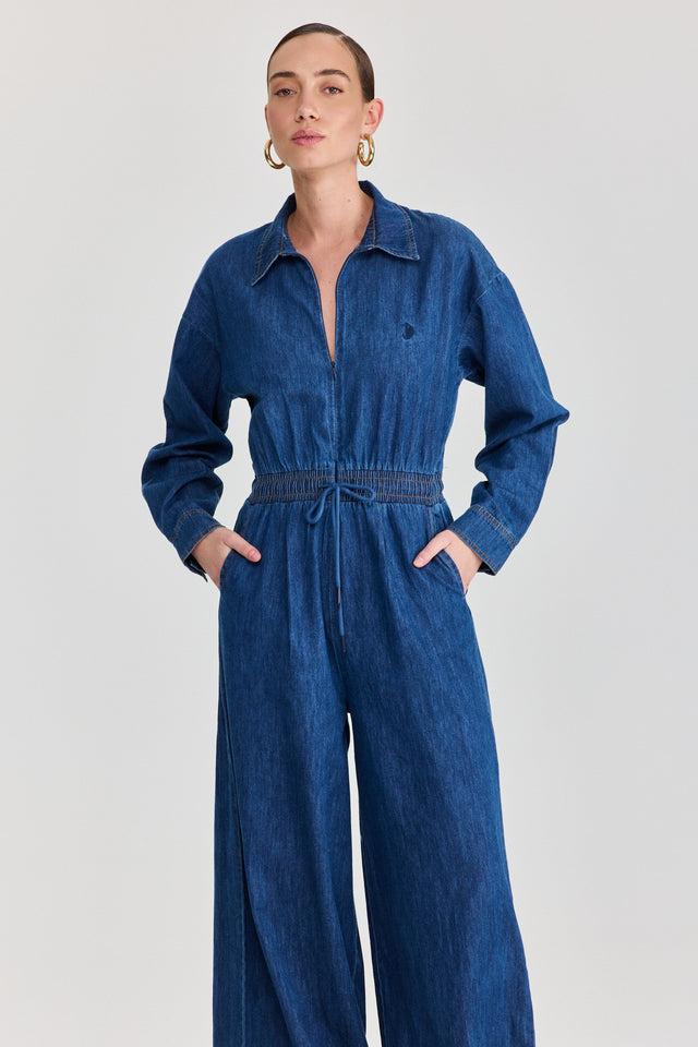 אוברול זיפר ג׳ינס וונט ספייסי ארוך כחול כהה