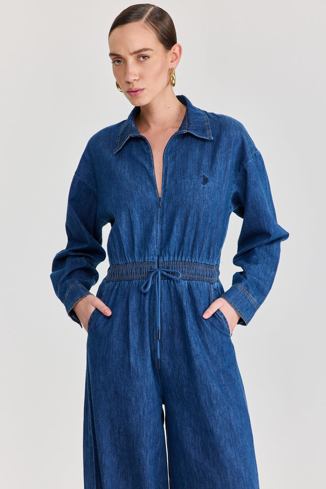 אוברול זיפר ג׳ינס וונט ספייסי ארוך כחול כהה