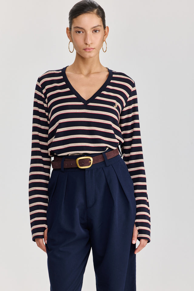 חולצת קוקיז מפתח וי שרוולים ארוכים פסים נייבי בורגנדי