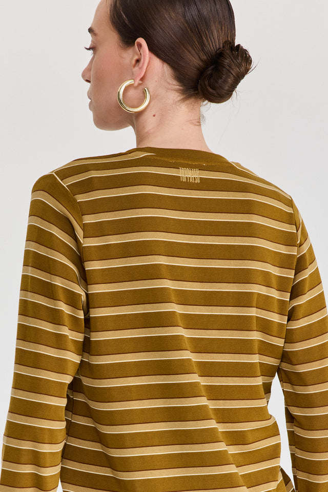 חולצת קוקיז מפתח וי שרוולים ארוכים פסים ירוק חום