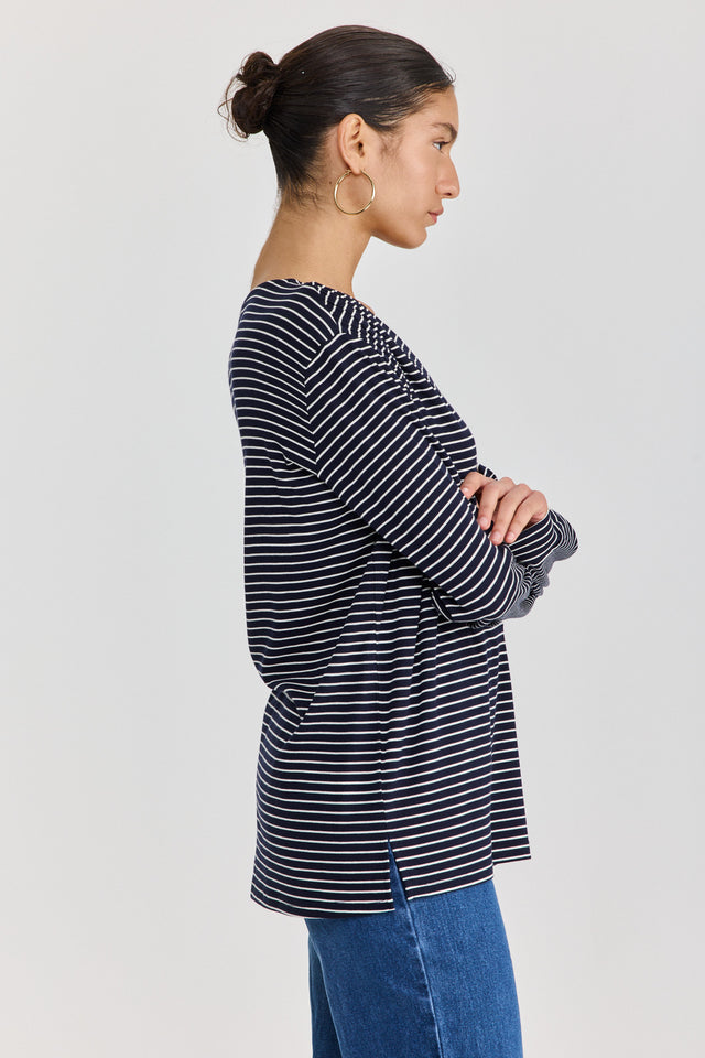 חולצת וי כיווצים שרוולים ארוכים פסים נייבי