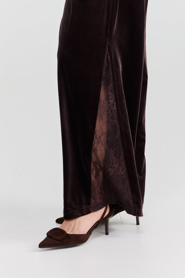 מכנסיים ספיריט מתרחבים גומי קטיפה משולש תחרה חום שוקולד