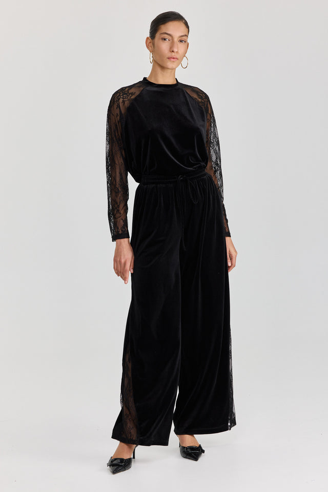 מכנסיים ספיריט מתרחבים גומי קטיפה משולש תחרה שחורים