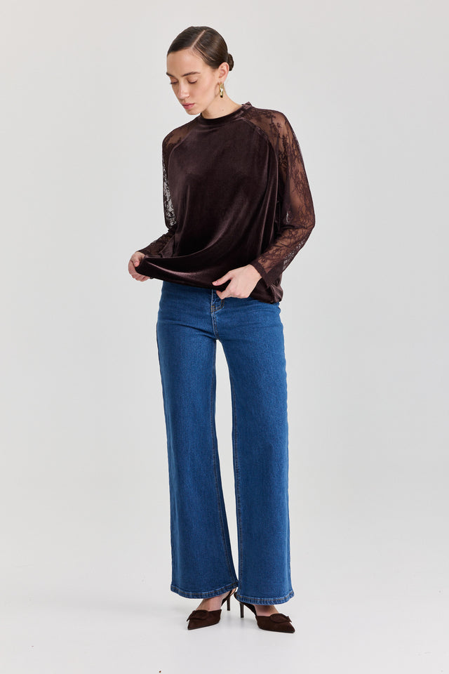 חולצת קטיפה league שרוולי תחרה חום שוקולד