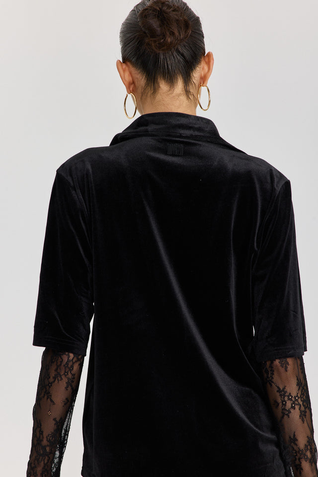 חולצת קטיפה ספרינג רול שרוולי תחרה שחורה