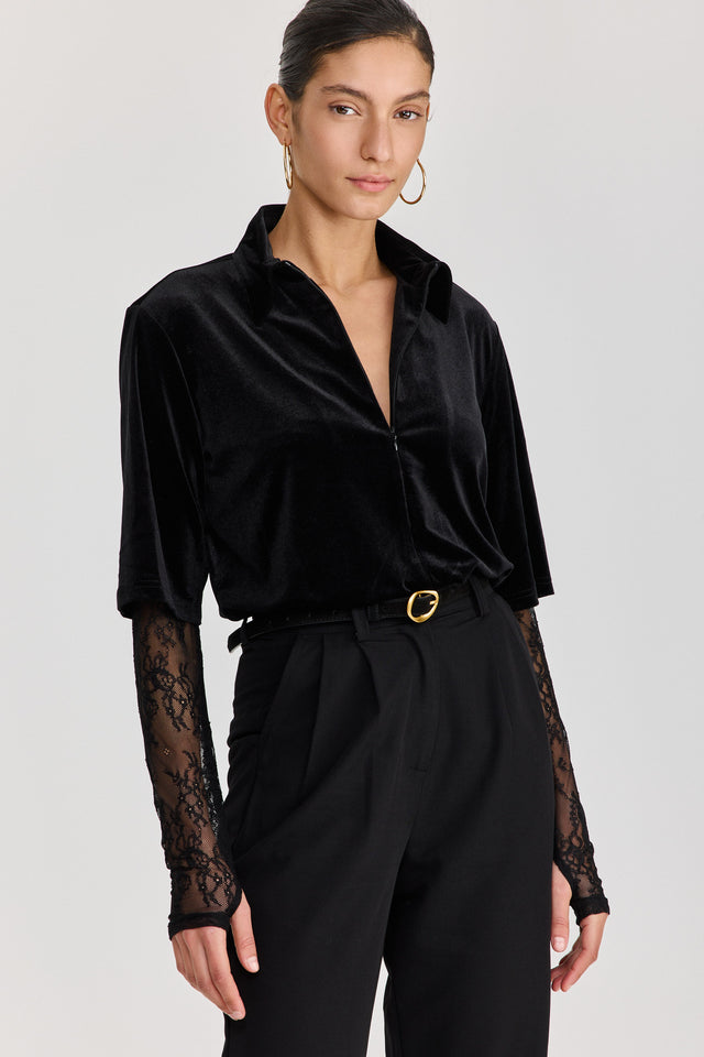 חולצת קטיפה ספרינג רול שרוולי תחרה שחורה