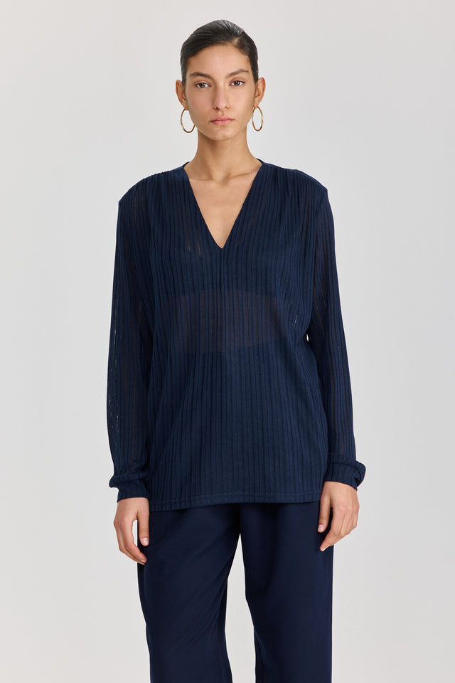 חולצת וי כיווצים ארוכה נייבי