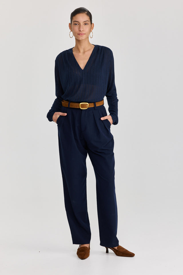 חולצת וי כיווצים ארוכה נייבי