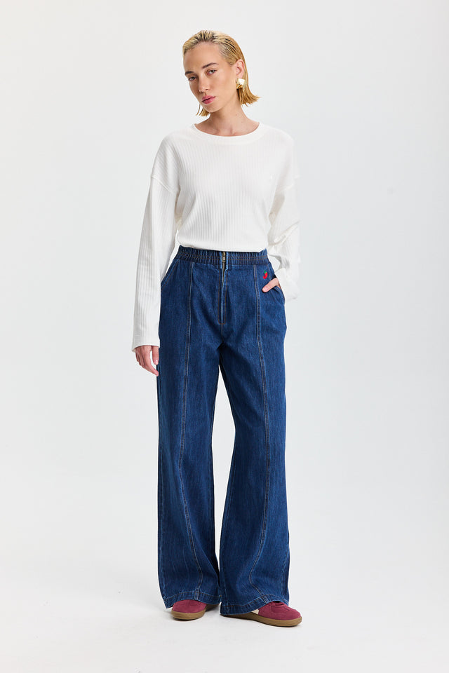 מכנסי ג'ינס בייגל ספייסי גומי זיפר כחול כהה