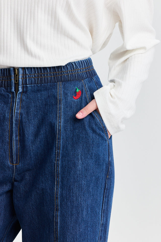 מכנסי ג'ינס בייגל ספייסי גומי זיפר כחול כהה