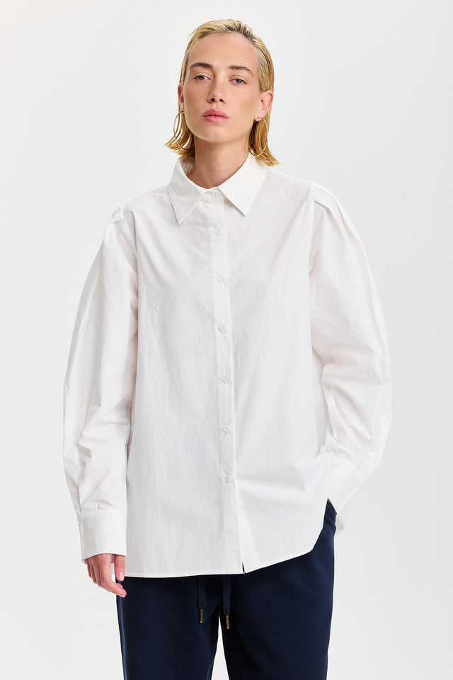 חולצה מכופתרת אלמונד כותנה ארוכה לבנה